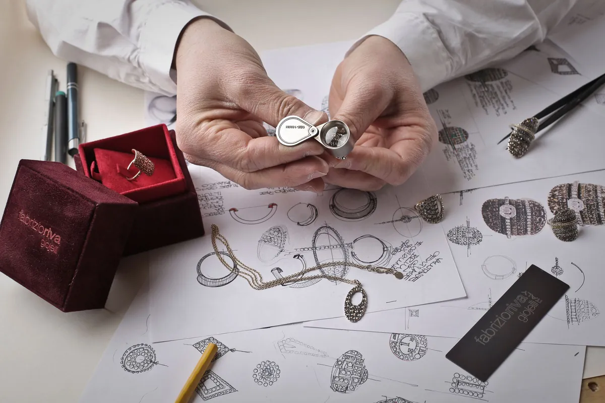 Hands checking a diamond ring with a loupe, over pages of jewellery sketches.