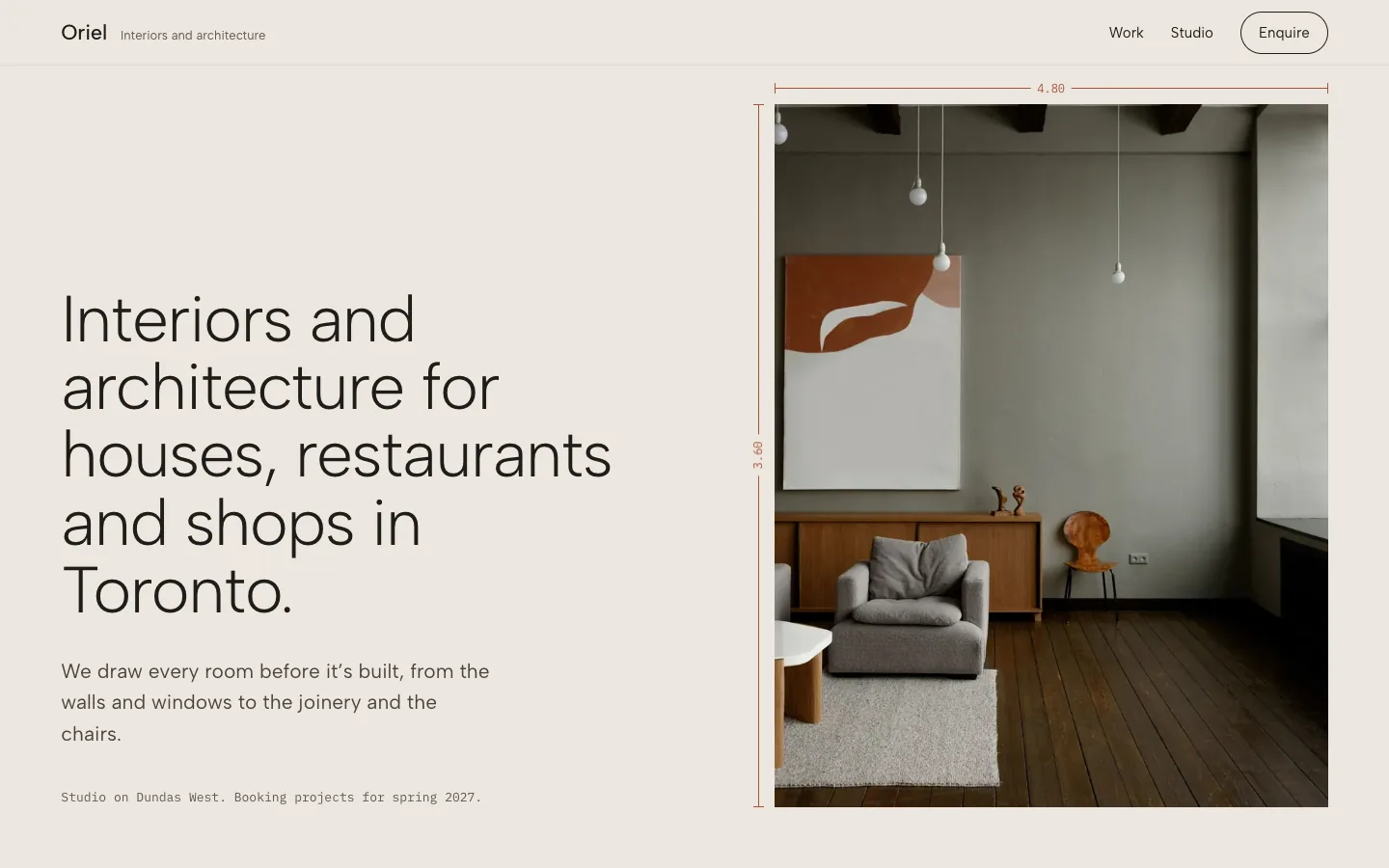 The Oriel concept home page: a calm living room photo beside the headline.