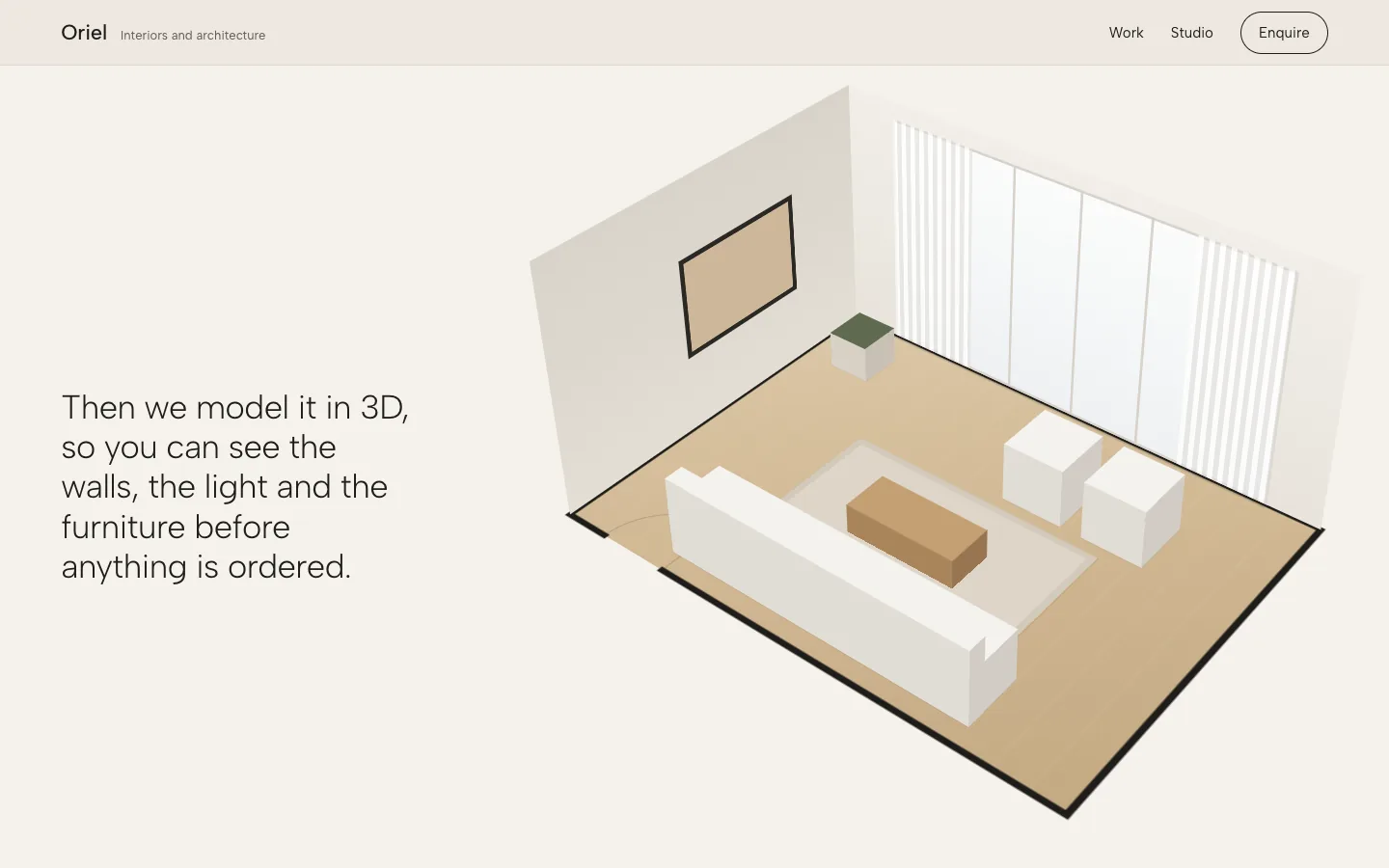 The Oriel floor plan folded up into a 3D model of a room.