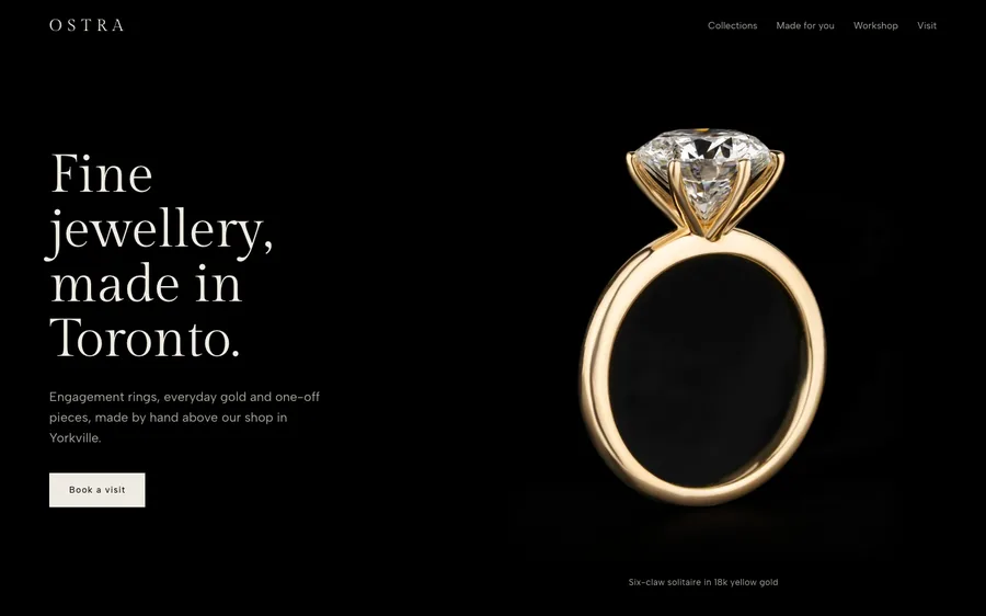 The Ostra home page: a gold solitaire ring on black beside the headline Fine jewellery, made in Toronto.