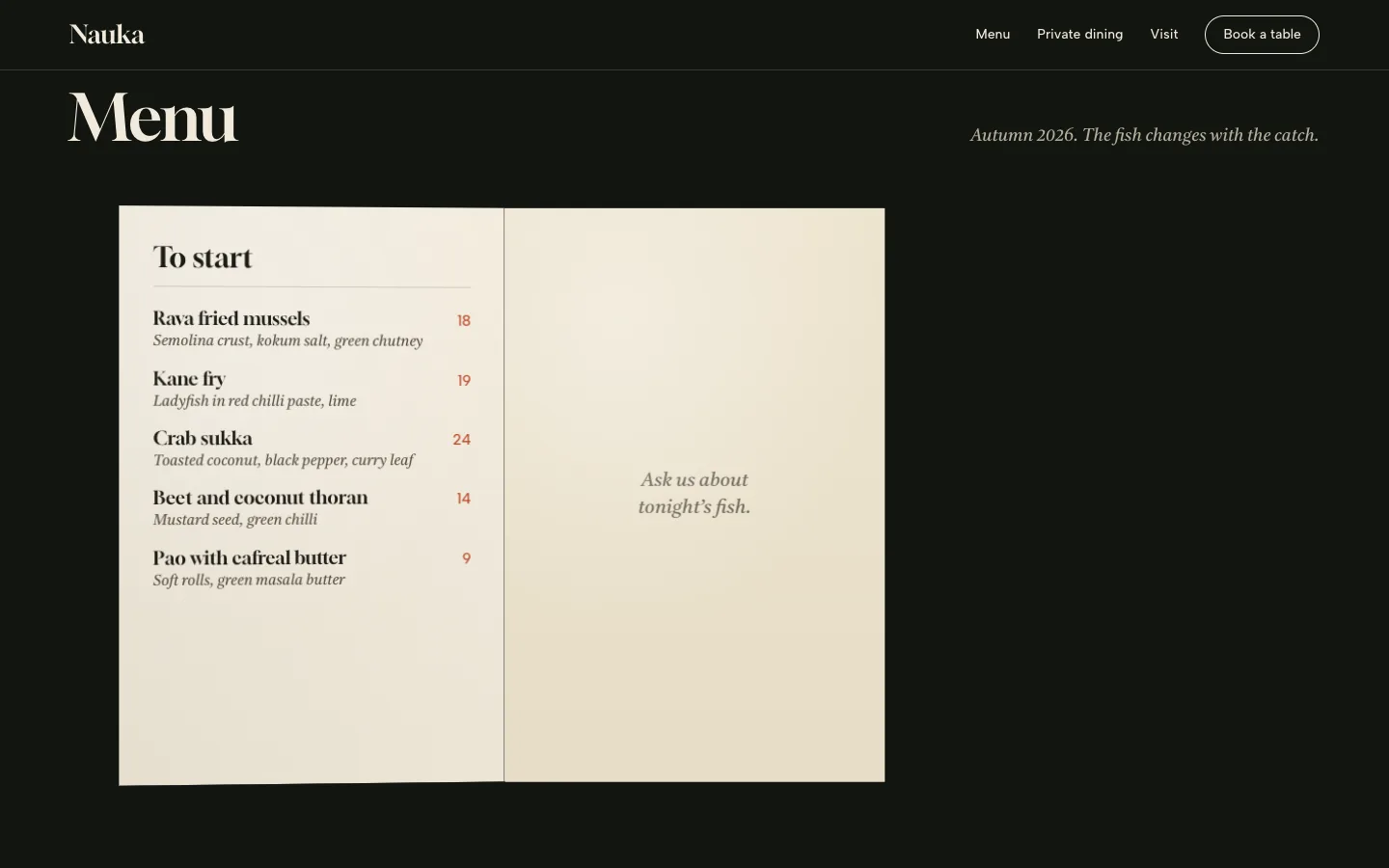 The Nauka menu half open, showing the first course.
