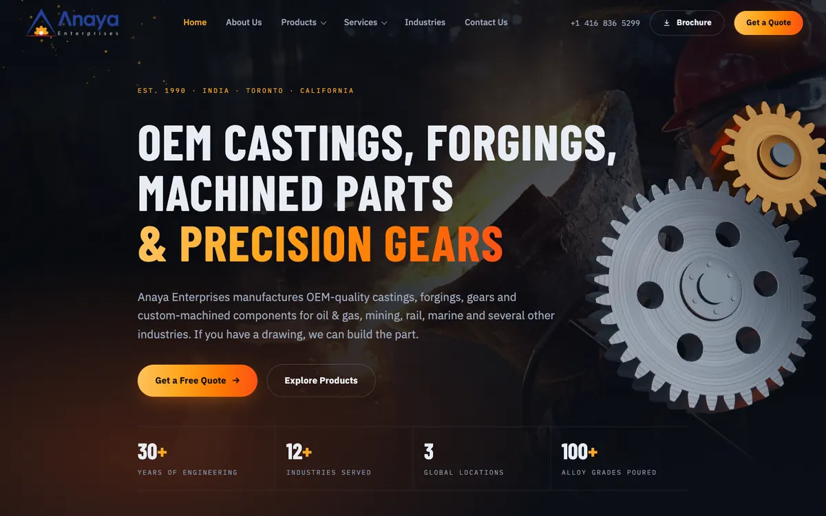 The new Anaya Enterprises homepage on a computer: the headline OEM Castings, Forgings, Machined Parts and Precision Gears on a dark background, quote and products buttons, and two large steel gears.