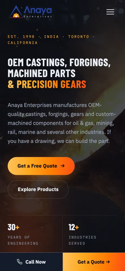 The new Anaya Enterprises homepage on a phone: the headline, a short description, Get a Free Quote and Explore Products buttons, and Call Now and Get a Quote buttons along the bottom.