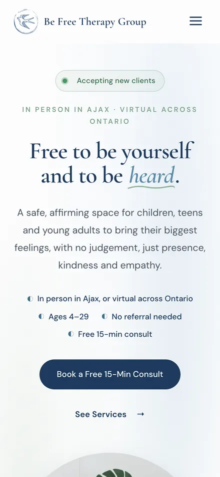 The new Be Free Therapy Group homepage on a phone: an Accepting new clients badge, the headline, the ages and places she works, and a Book a Free 15-Min Consult button.