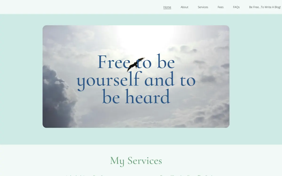 The old Be Free Therapy Group homepage on a computer: a mint green page with a menu, and a rounded photo of clouds and a flying bird behind the words Free to be yourself and to be heard.