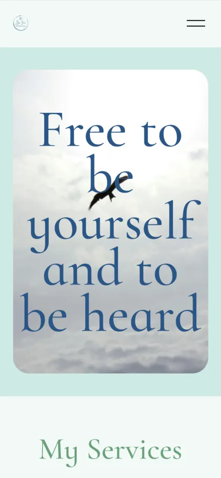 The old Be Free Therapy Group homepage on a phone: the cloud photo with the motto in large blue letters filling the screen, and the start of a My Services section below it.