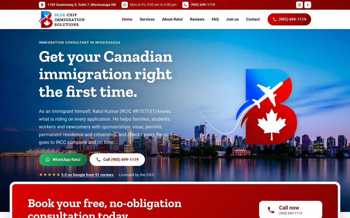 The new Blue Chip Immigration homepage on a computer: the headline Get your Canadian immigration right the first time, WhatsApp and Call buttons, and the logo's plane over the Vancouver skyline.