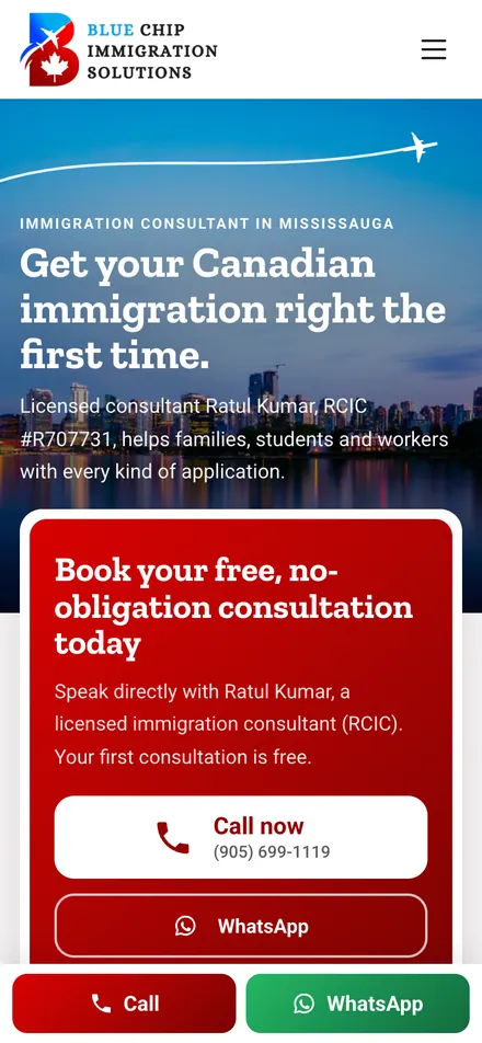 The new Blue Chip Immigration homepage on a phone: the headline, a red box offering a free consultation with Call now and WhatsApp buttons, and Call and WhatsApp buttons fixed to the bottom of the screen.