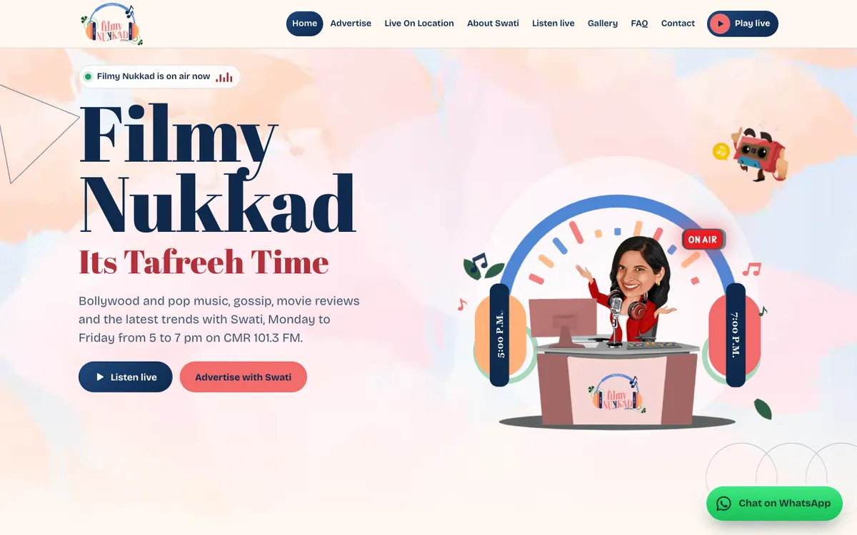 The new Filmy Nukkad homepage on a computer: the show's name in large type, Listen live and Advertise with Swati buttons, and Swati at her on-air desk inside a pair of headphones.