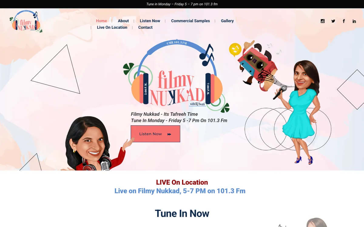 The old Filmy Nukkad homepage on a computer: the headphones logo in the middle, caricatures of Swati on both sides and a pink Listen Now button.