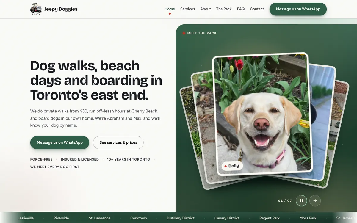 The new Jeepy Doggies homepage on a computer: the headline Dog walks, beach days and boarding in Toronto's east end, WhatsApp and services buttons, and a stack of photos of their dogs with Dolly the yellow Lab on top.