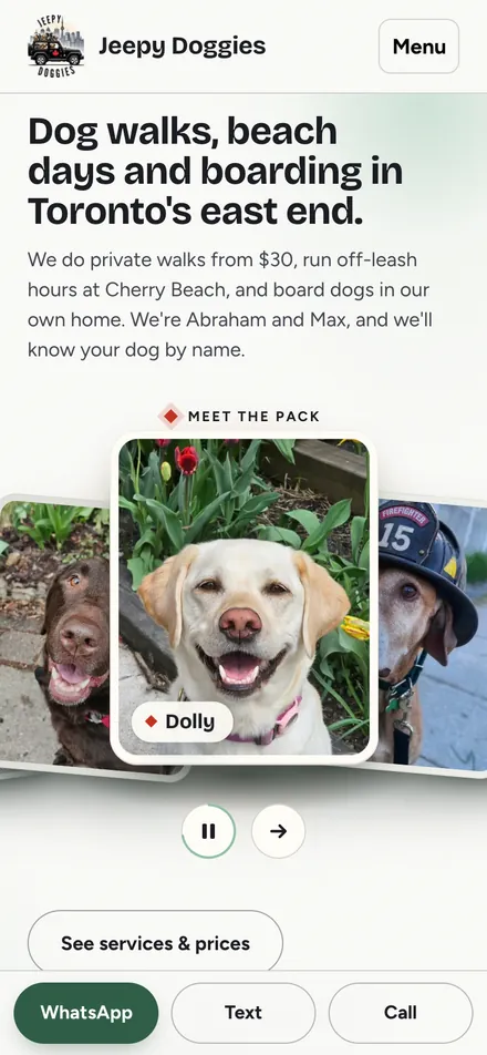 The new Jeepy Doggies homepage on a phone: the headline, a short description, the photo stack with Dolly on top, and WhatsApp, Text and Call buttons along the bottom.
