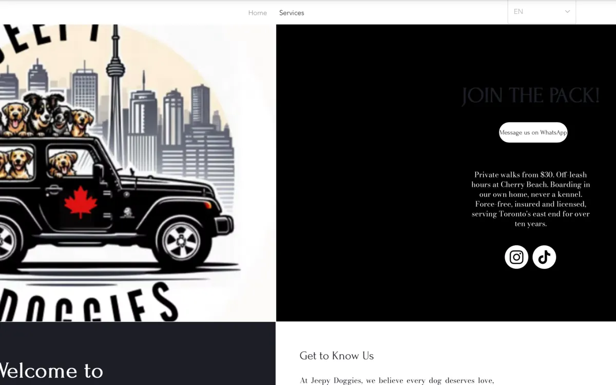 The old Jeepy Doggies homepage on a computer: a cartoon logo of dogs in a black Jeep in front of the Toronto skyline, and a black panel with the words Join the pack, a Message us on WhatsApp button and a short description.