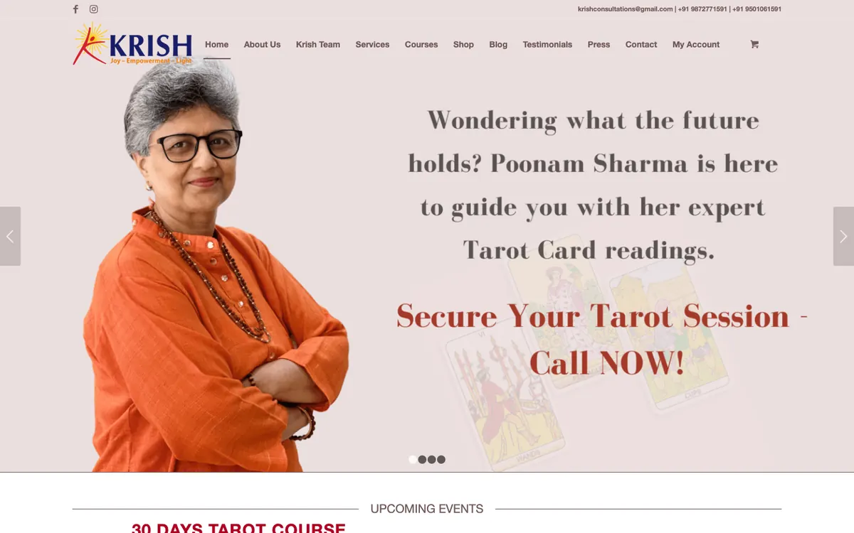 The old KRISH homepage on a computer: the KRISH logo, a long menu with Shop and My Account, and a slider picture of Poonam in an orange kurta beside the words Wondering what the future holds and Secure your tarot session, call now.
