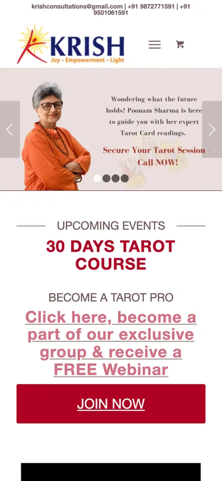 The old KRISH homepage on a phone: contact details, the logo, the slider picture with its words in small print, and a 30 Days Tarot Course notice with a Join Now button.