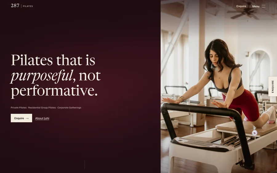 The 287 Pilates home page: a dark burgundy page with a photo of a Pilates reformer.