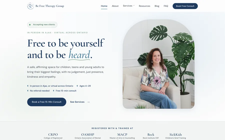 The Be Free Therapy Group home page: a calm white page with a portrait of the therapist.