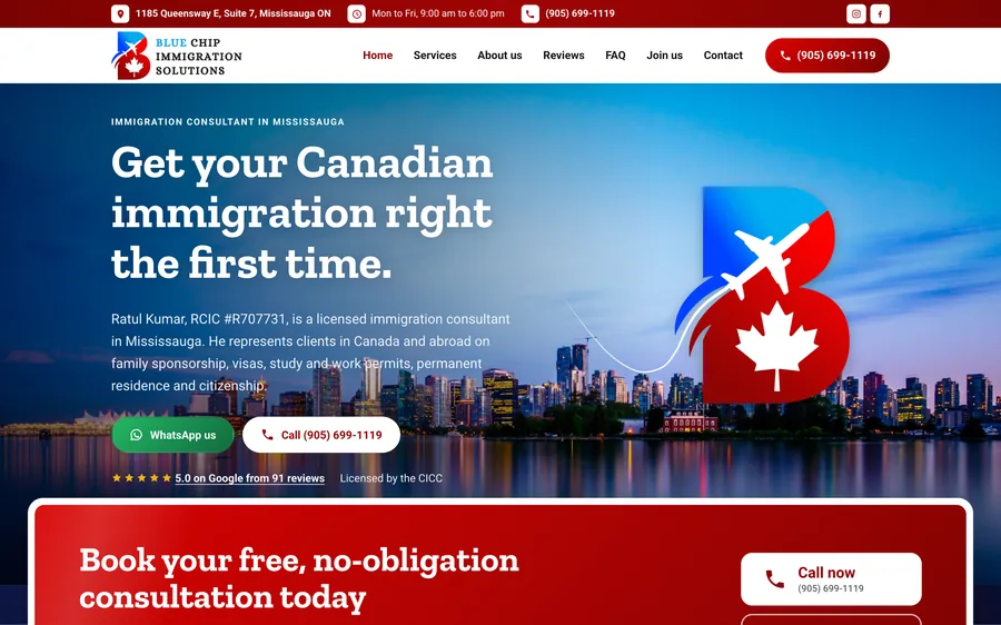 The Blue Chip Immigration home page: a city skyline at dusk with the red and blue logo.