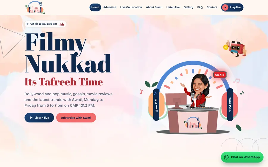 The Filmy Nukkad home page: a bright pastel page with a cartoon of the host at a radio desk.