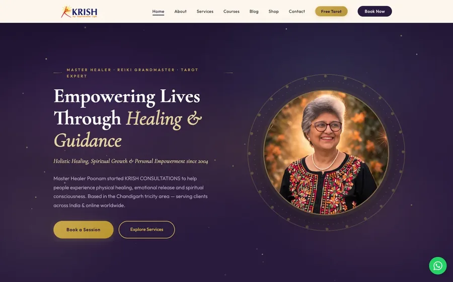 The KRISH home page: deep purple with gold type and a portrait of the founder.